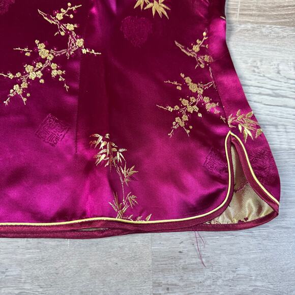 Vintage Cassure Pure Silk Burgundy Cheongsam Top Gold Embroidery Large - Picture 4 of 10